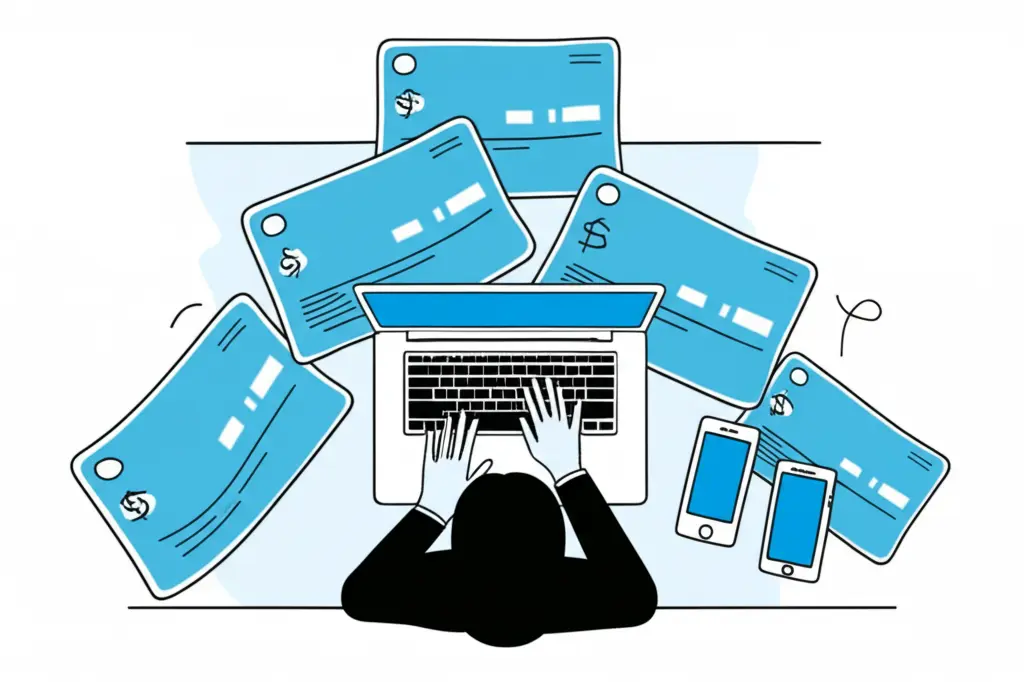 Person at a desk with a laptop, surrounded by rent checks and a phone.