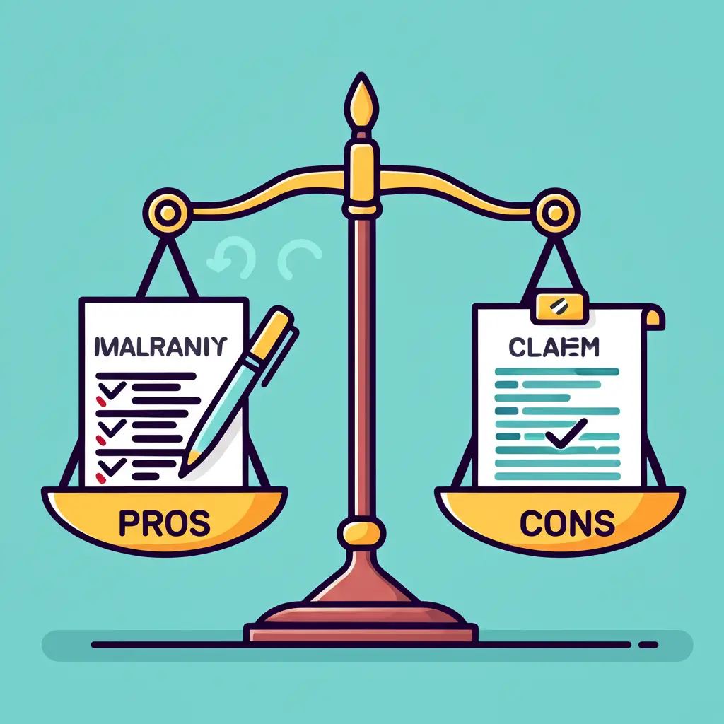 Balanced scale with pros and cons of filing an insurance claim.