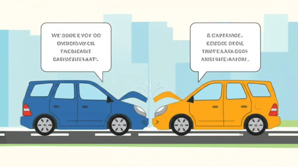 A light-hearted drawing of a car accident with speech bubbles showing drivers discussing what to do next.