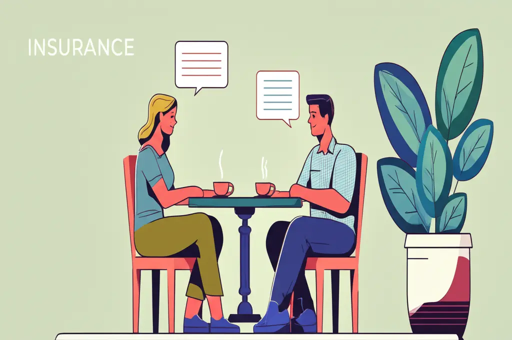 Two people having a friendly conversation about insurance benefits over coffee