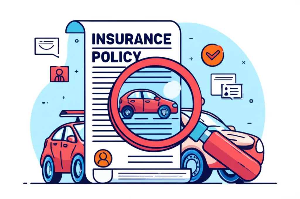 A hand-drawn image of a car with a magnifying glass examining insurance policy details.