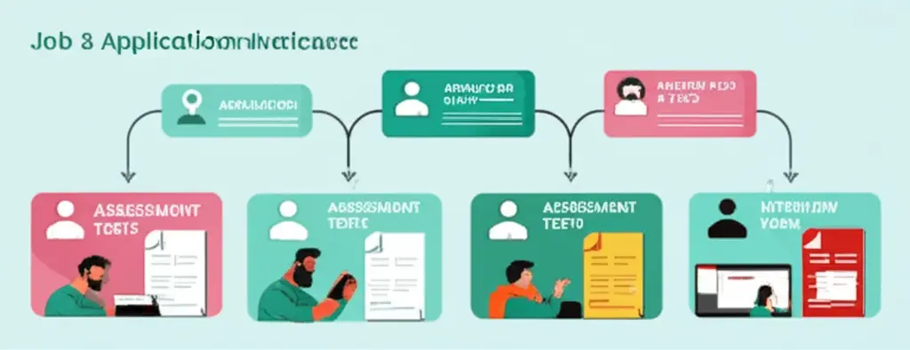 A cartoon-style image of a flowchart illustrating the steps of a job application process