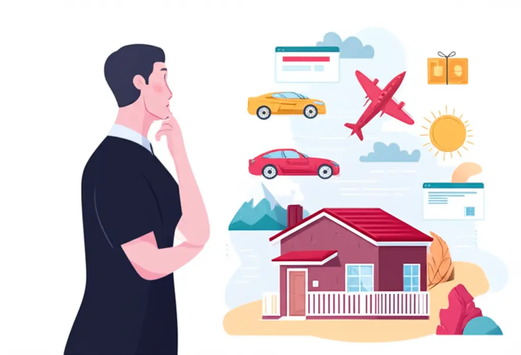 Icons of financial goals depicted under a thoughtful figure