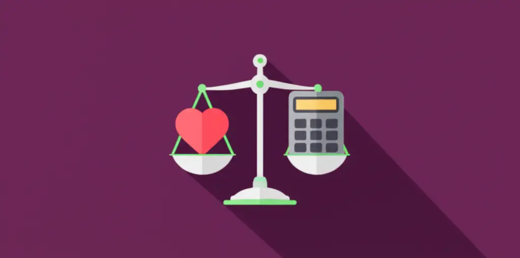 Balance scale with heart and calculator