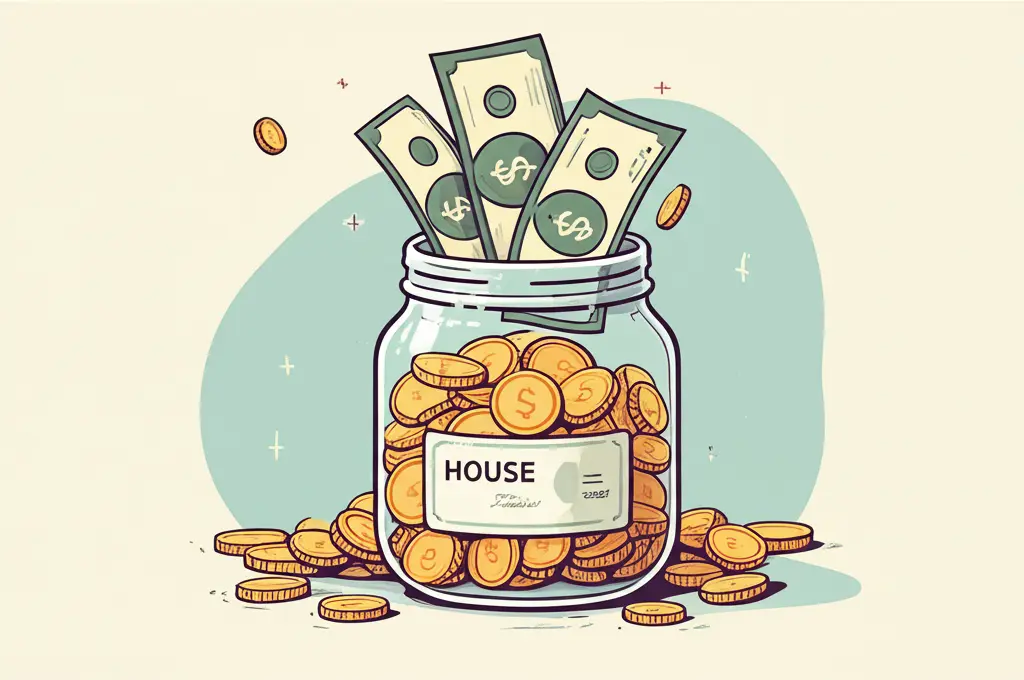 Savings jar labeled 'House Fund' overflowing with coins and dollar bills