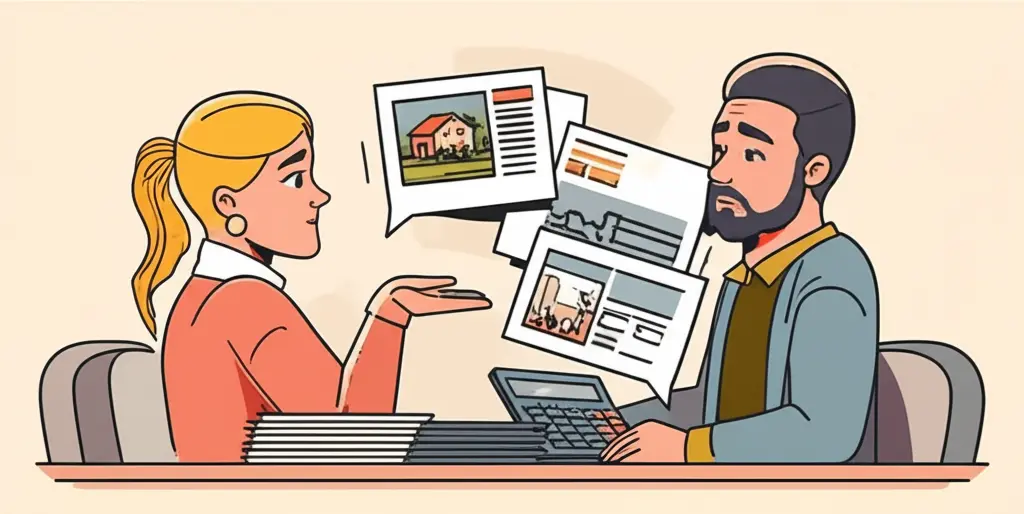 Couple discussing finances with housing brochures