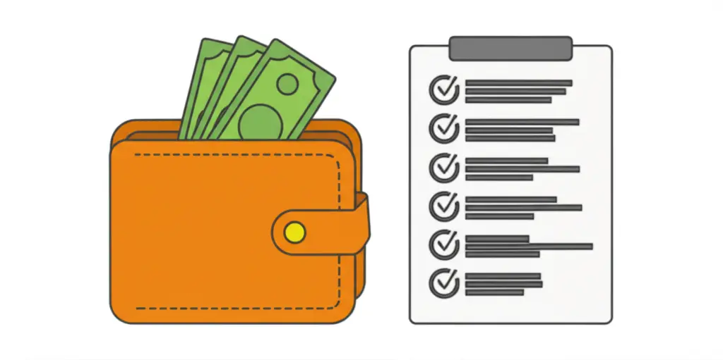 Cartoon wallet with cash and a checklist next to it