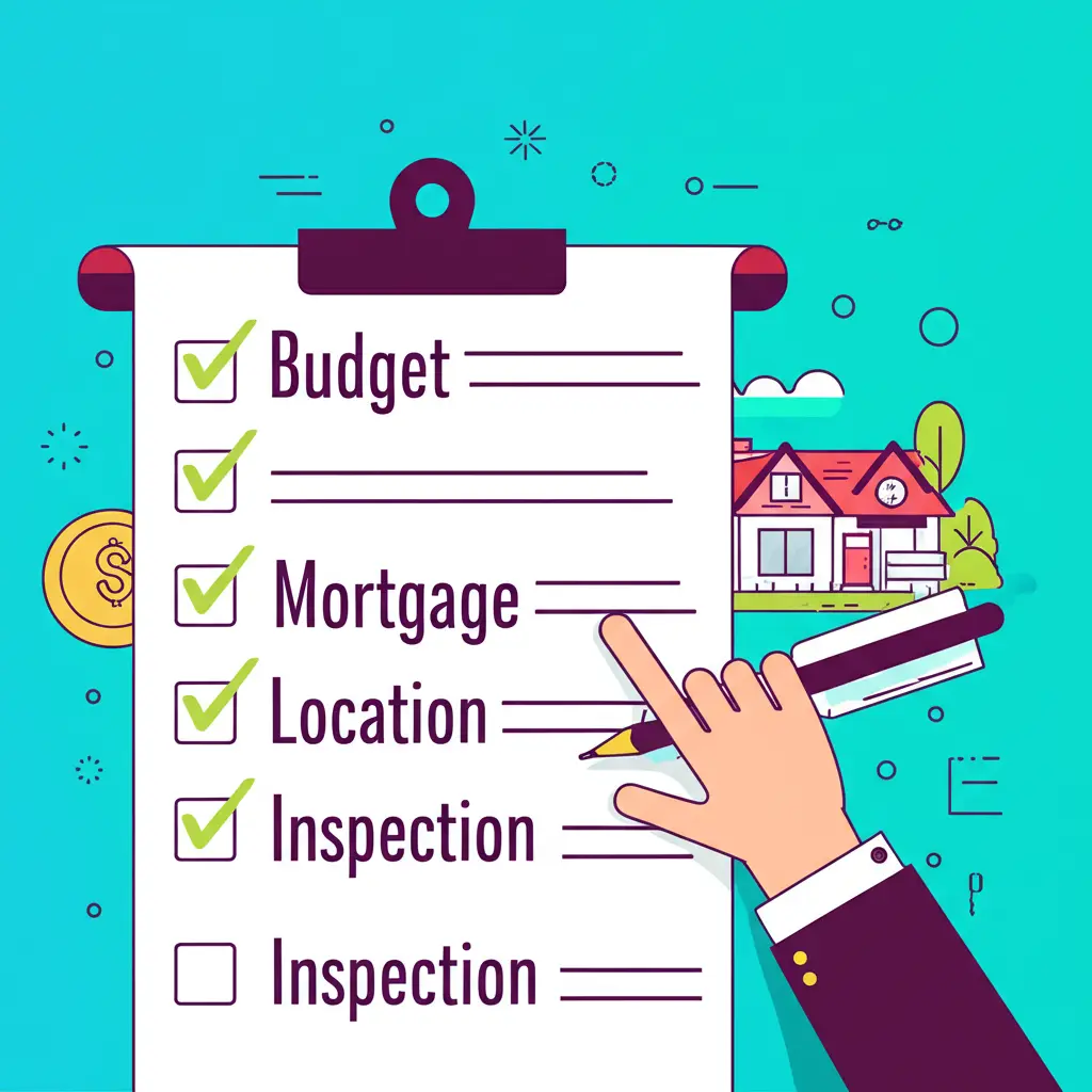 Cartoon-style illustration of a checklist of items for buying a home: budget, mortgage, location, inspection.
