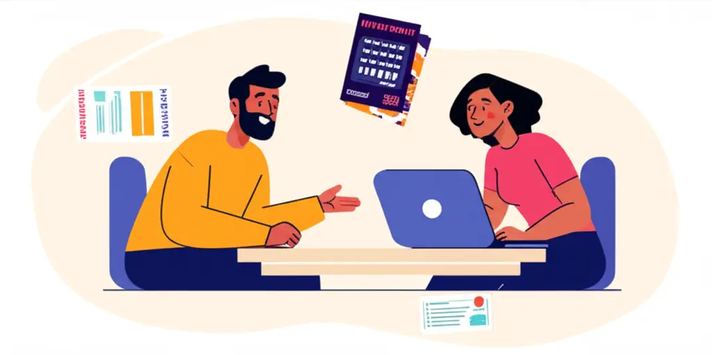 Two friends discussing investments over a table with magazines and a laptop