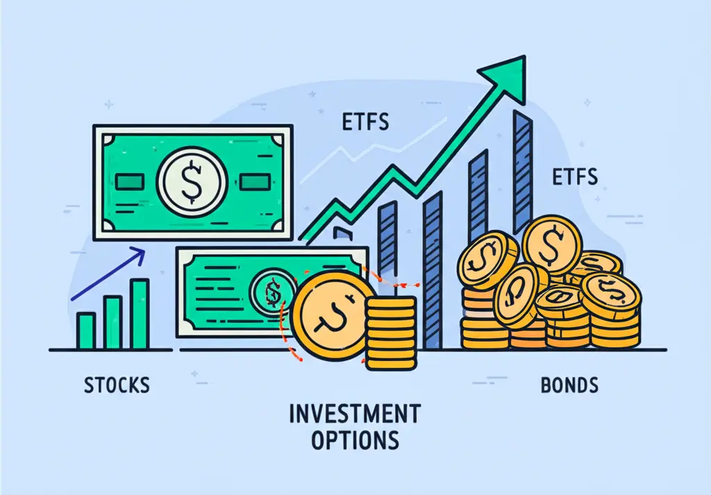 Diverse investment options like stocks, bonds, and ETFs