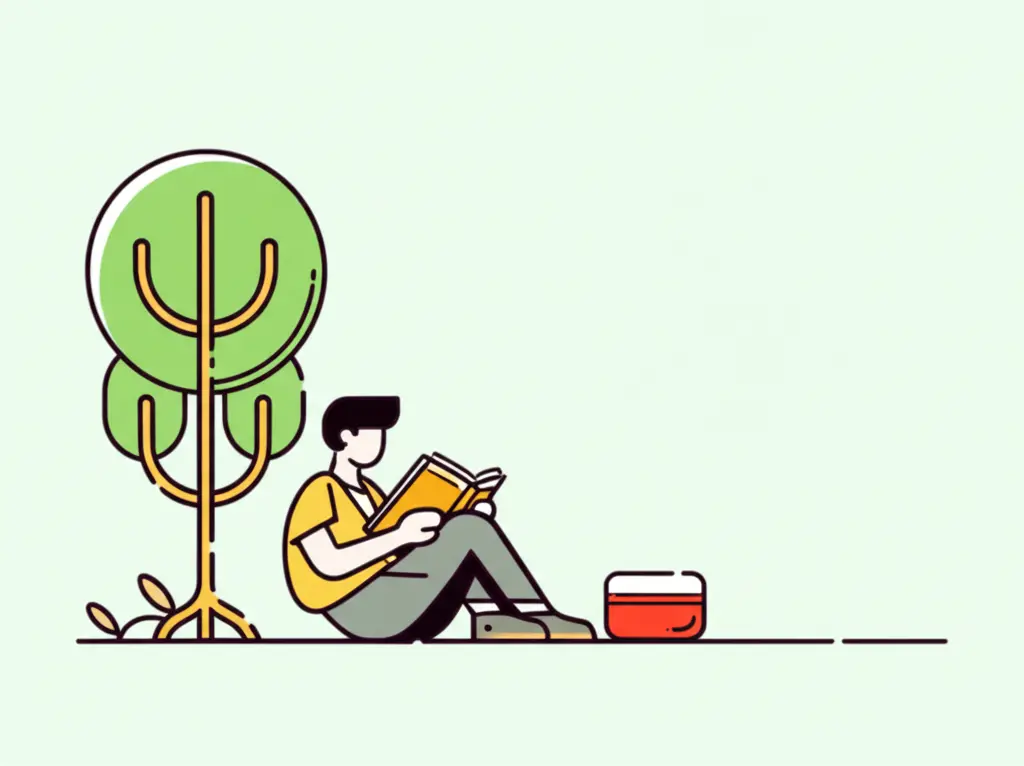 Person reading a book under a tree with a lunchbox beside them
