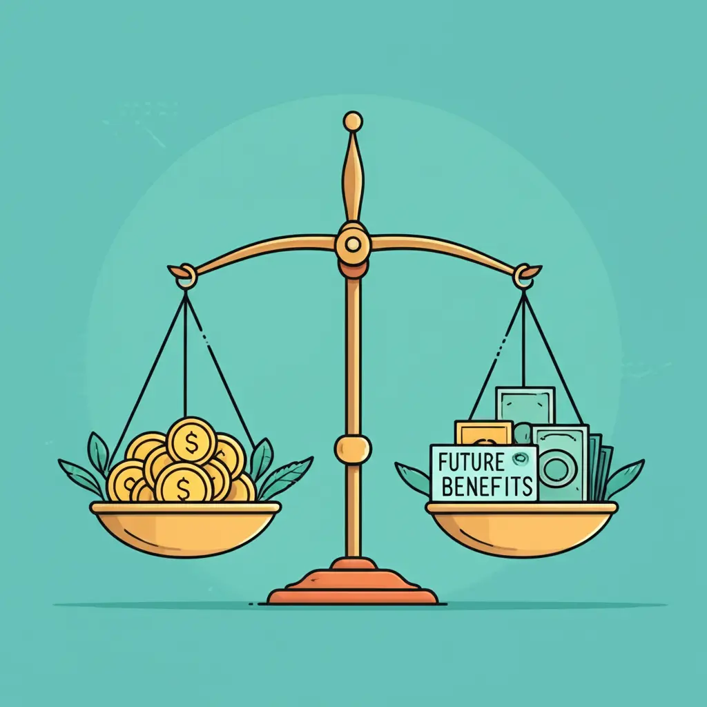 Balance scale with cash and benefits