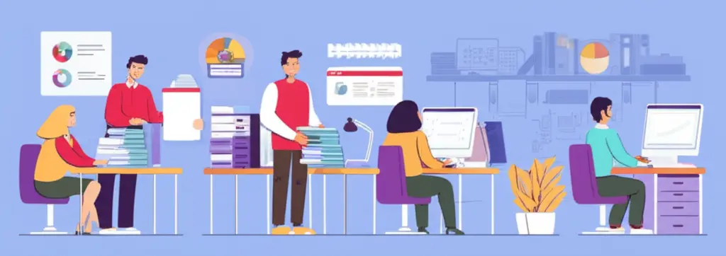 A hand-drawn image of a busy insurance office with agents handling paperwork and computers.