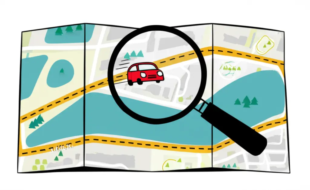 Map with magnifying glass symbolizing tracing a car.