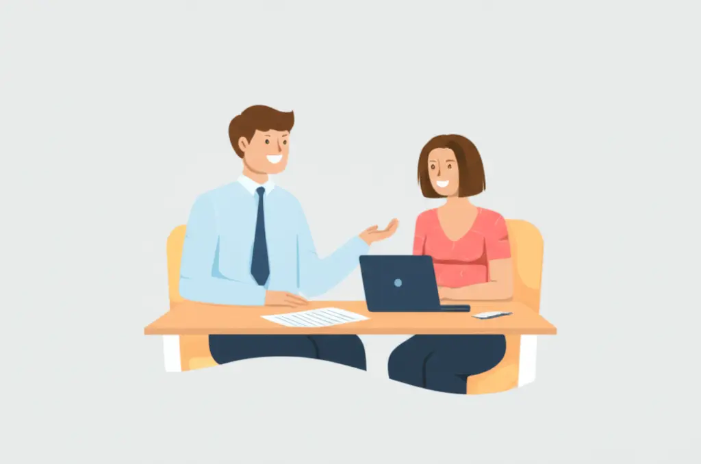 Illustration of a friendly insurance agent talking with a customer over a table.