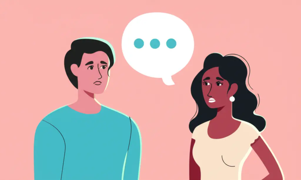 Cartoon illustration of a couple talking with concerned expressions on their faces.
