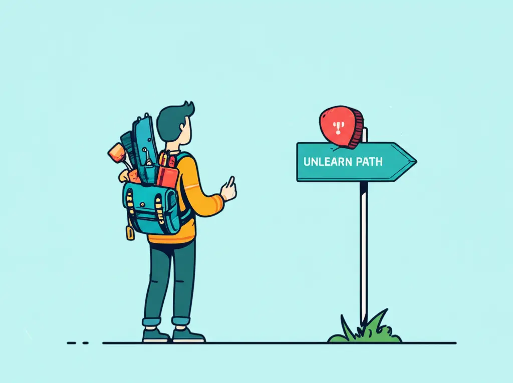 A person with outdated gadgets facing a sign saying 'Unlearn Path'