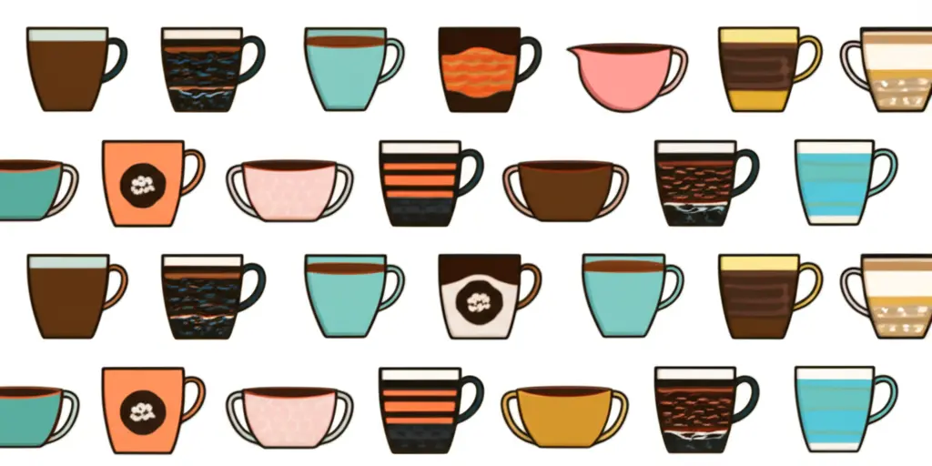 Different styles of coffee mugs arranged in a cheerful pattern