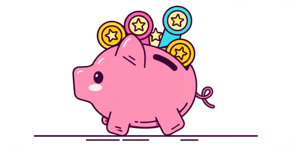 Piggy bank with rewards symbols overflowing.