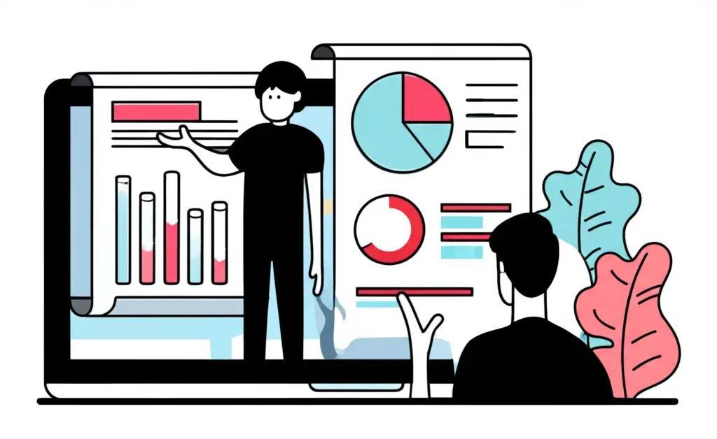 A cartoon of a person reviewing their budget on a laptop, with colorful charts and graphs.