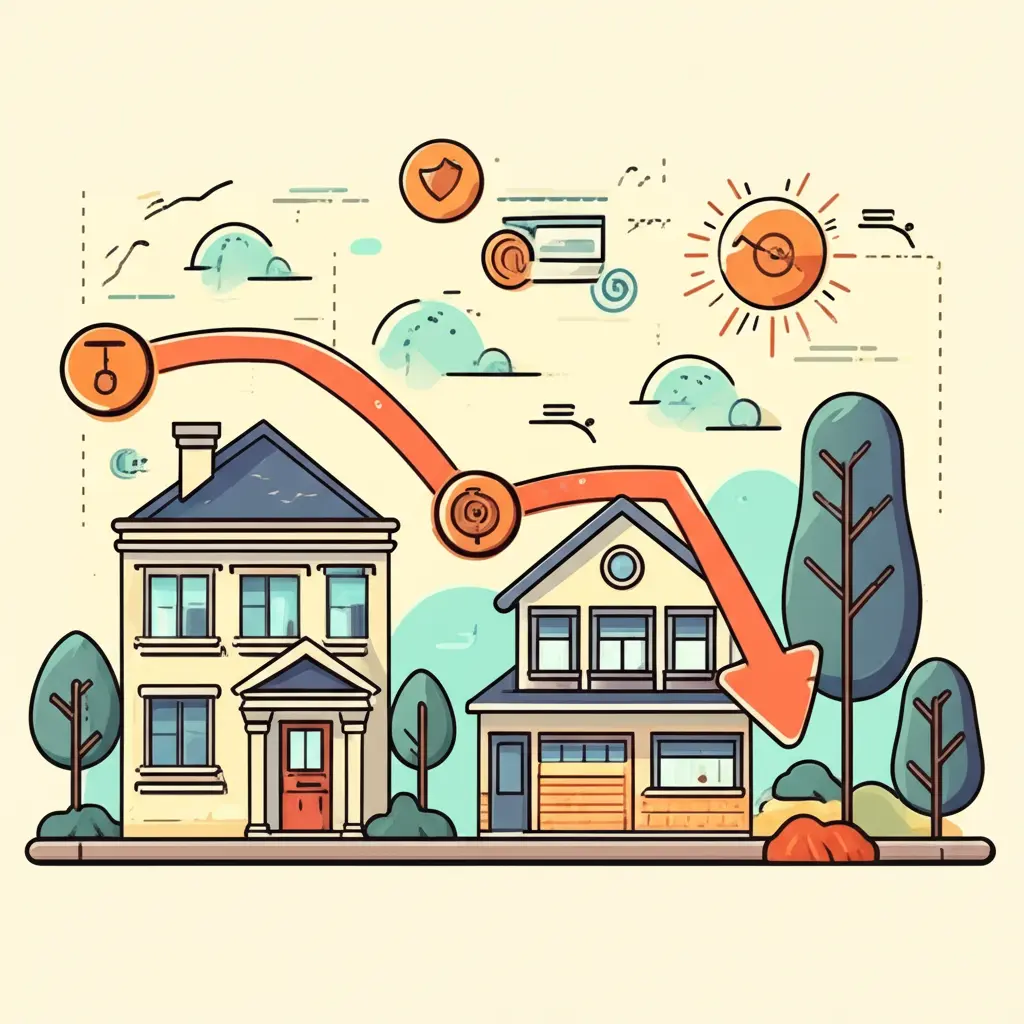 Cartoon-style graph of housing market trends correlating with interest rate drops