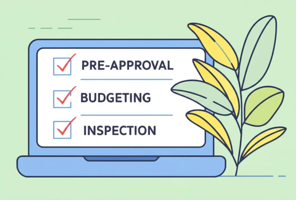 A checklist with items like pre-approval, budgeting, and inspection marked off.