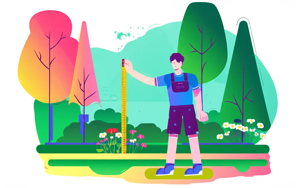 Person measuring their backyard amidst plants and trees.