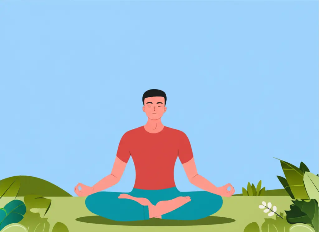 A cartoon of an individual practicing deep breathing in a tranquil setting.