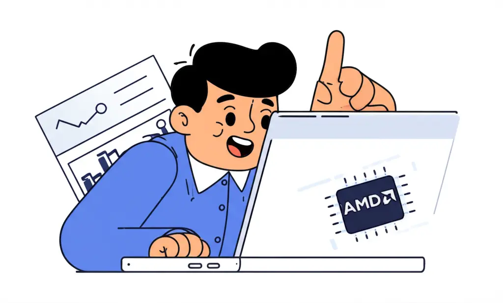 A person analyzing stock market trends with the AMD logo