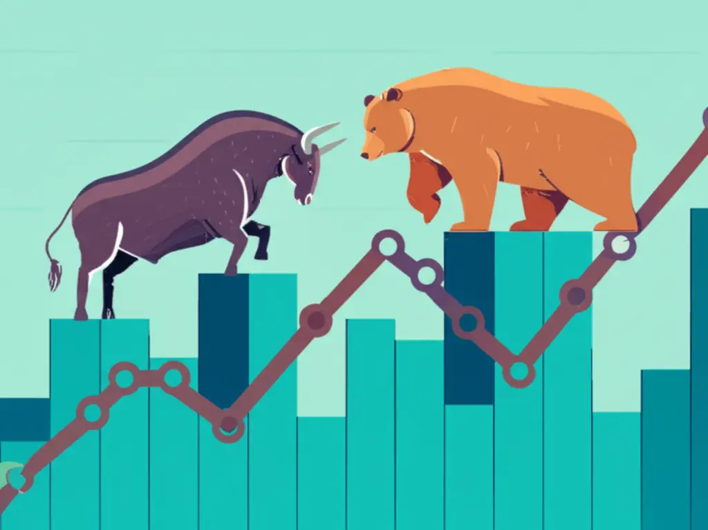 Bull and bear on a stock market graph