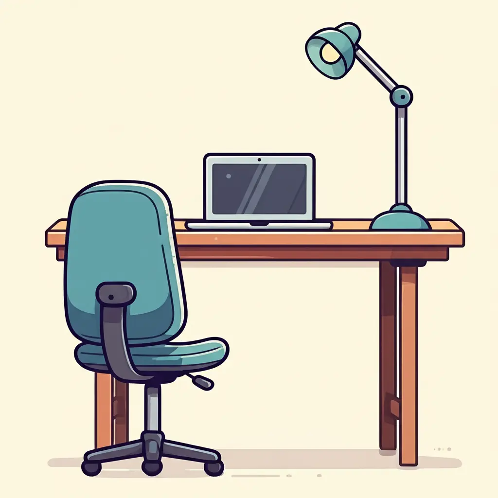 Desk with an ergonomic chair, laptop, and a stylish lamp.
