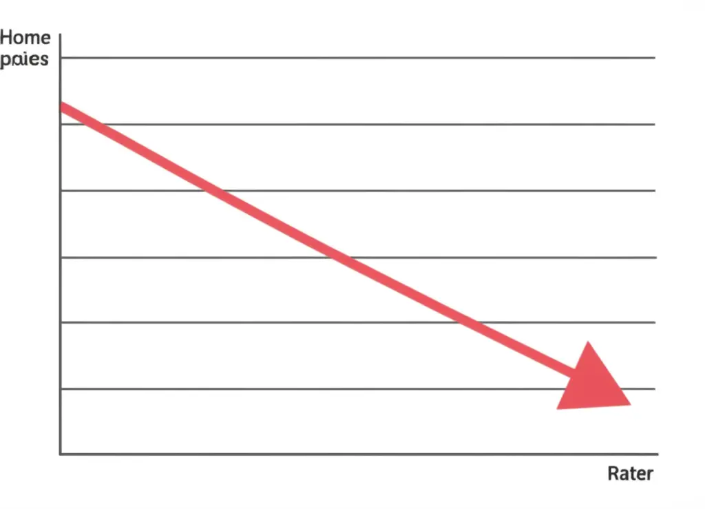 Graph showing a trend of rising home prices with a downward trend line of interest rates.