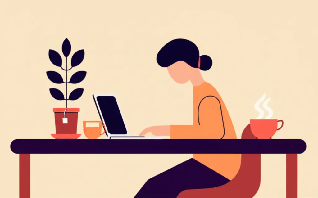 Person working at a desk with a plant, tea, and laptop.