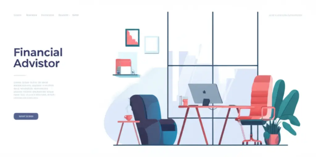 Hand-drawn image of a tranquil financial advisor's office, with a view of a city skyline.