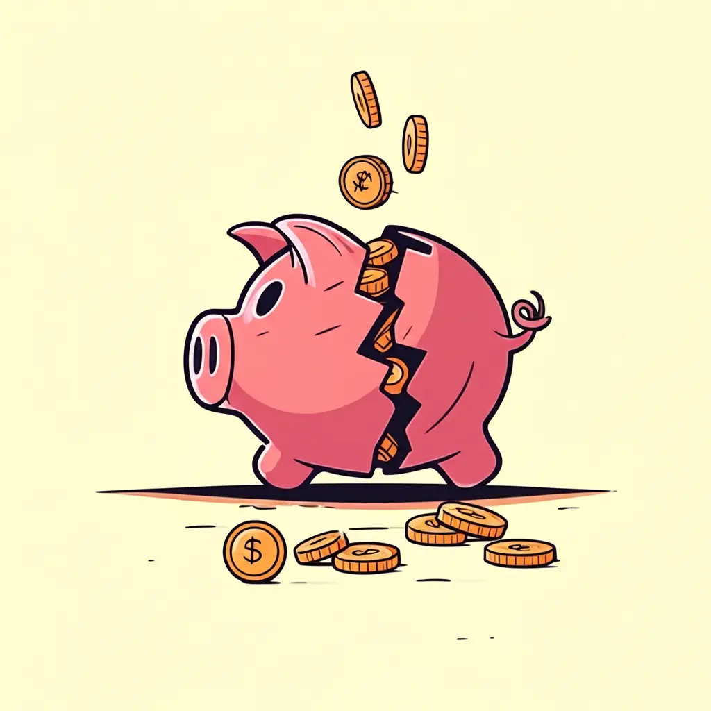 A piggy bank cracked open with coins spilling out