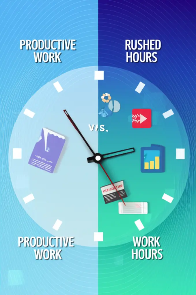 A cartoon-style clock showing productive work hours vs. rushed work hours.