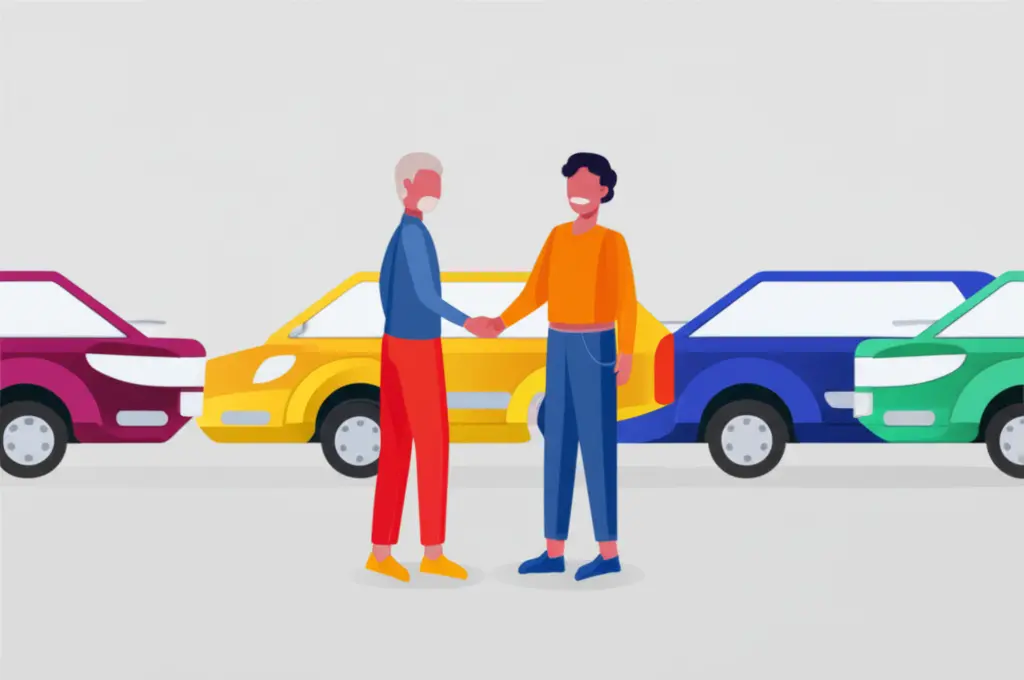 A cartoon-style illustration of two neighbors shaking hands, with parked cars in the background.