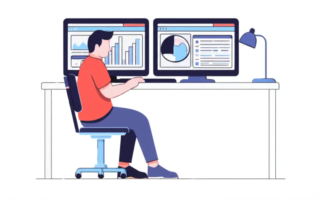 A person using dual monitors for underwriting tasks