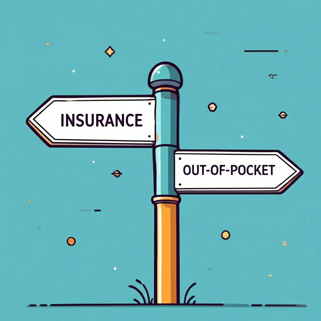 A crossroad signpost with directions for 'Insurance' and 'Out-of-pocket.'