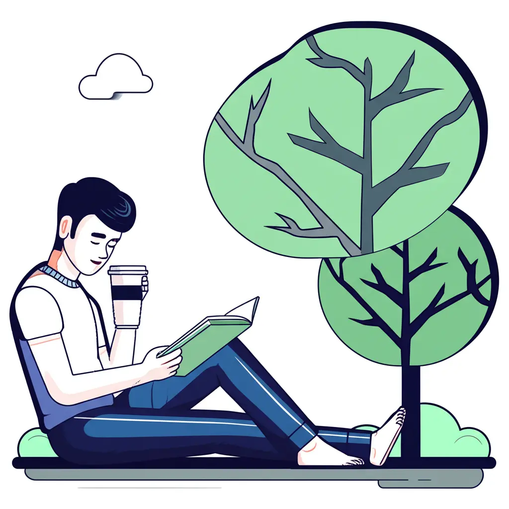 Enjoying coffee and a book under a tree.