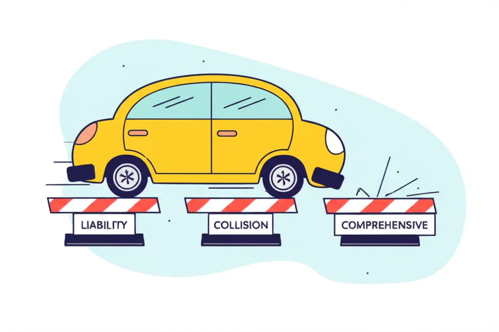 Illustration of car going through insurance coverage obstacles