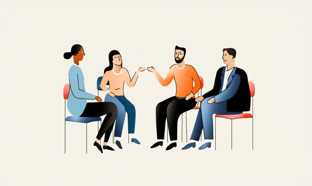A minimalist drawing of a support group meeting in progress.