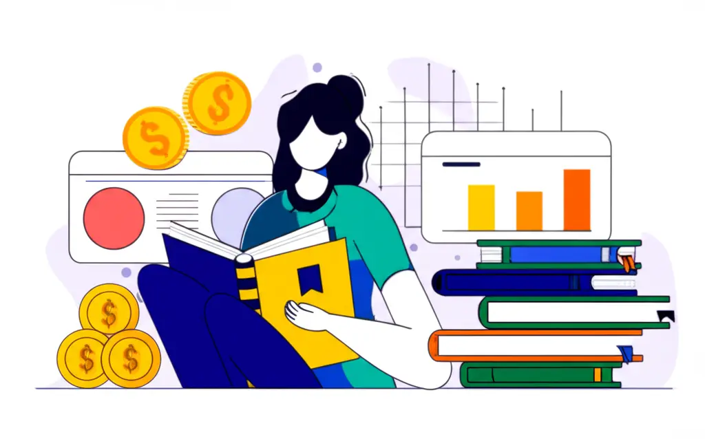 A minimalist cartoon of a woman reading financial books surrounded by charts and coins.