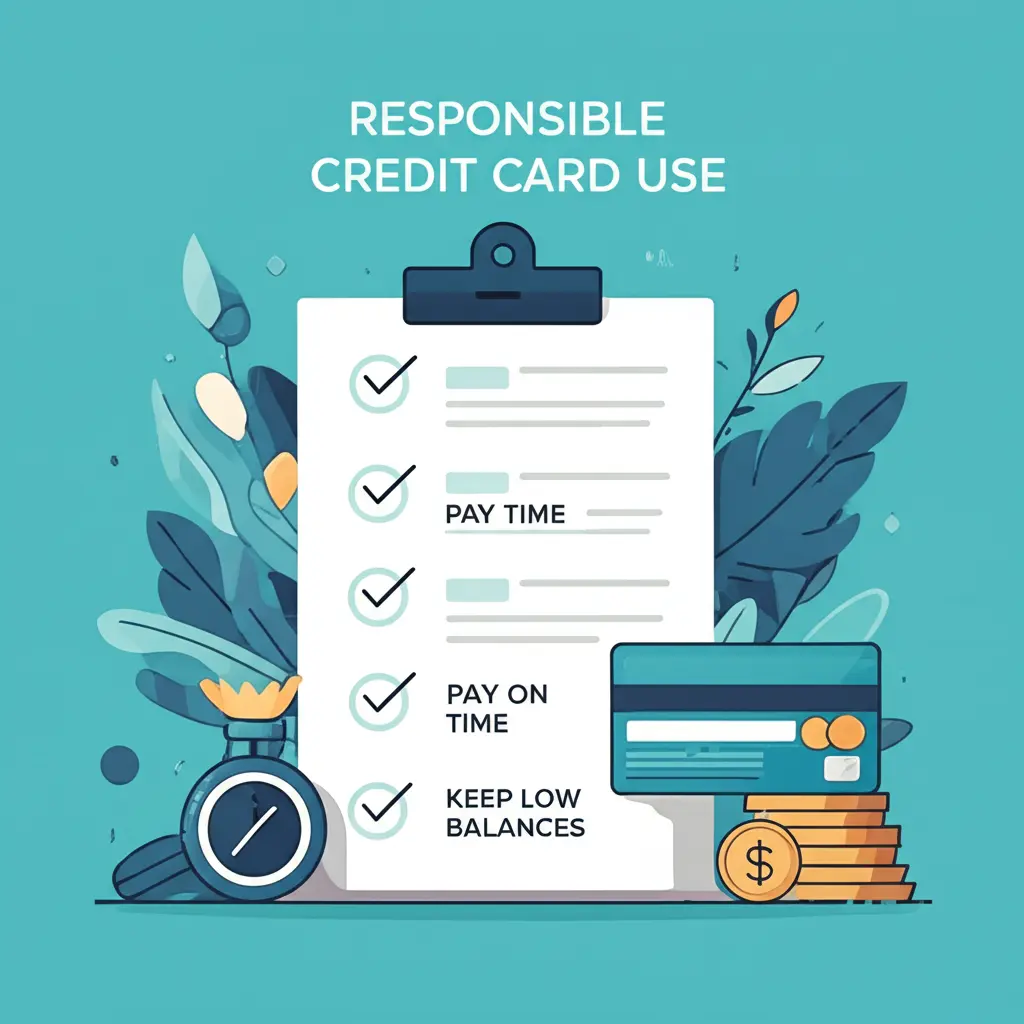 Illustration of a checklist for responsible credit card use including paying on time and keeping low balances.
