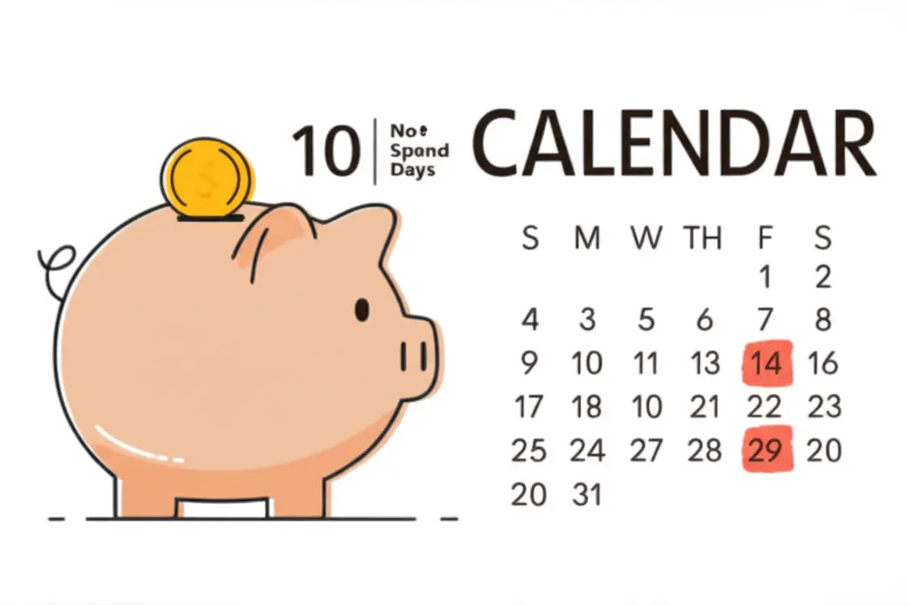 A minimalist calendar with marked 'No Spend Days' accompanied by a piggy bank
