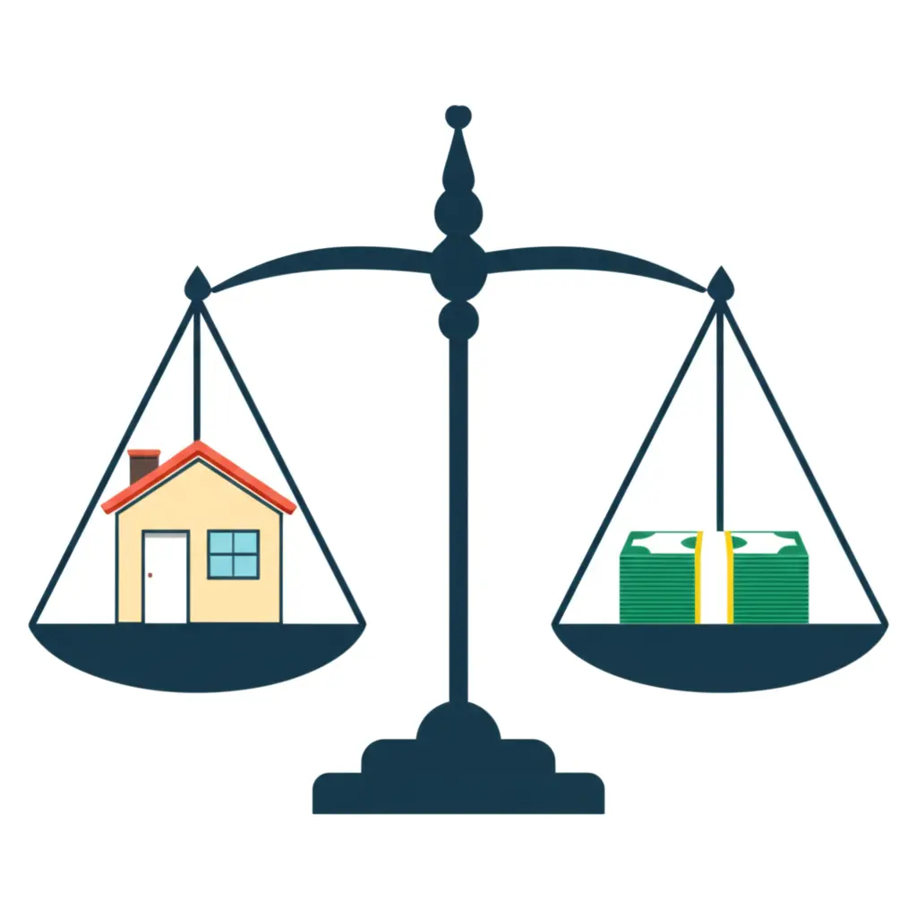A scale balancing a house on one side and a stack of cash on the other