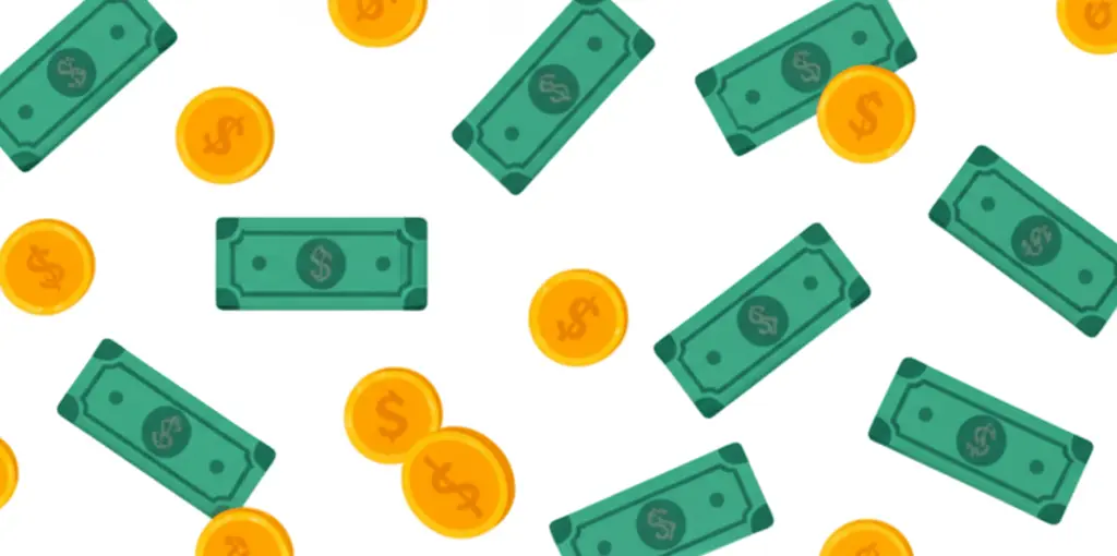 Different coins and paper money scattered around