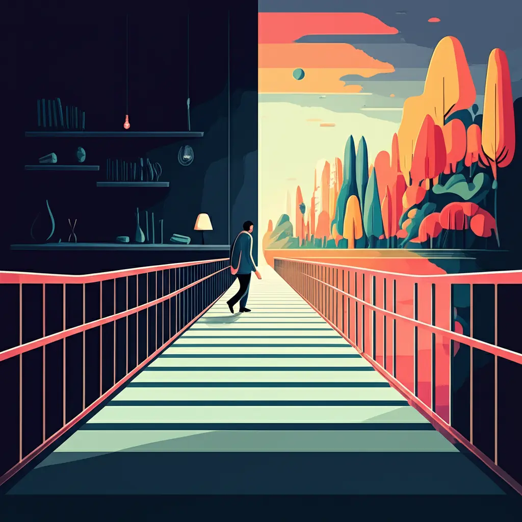 A cartoon-style image of a person crossing a bridge from a dark room into a colorful world.