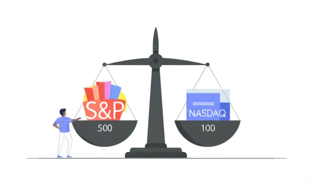 Illustration of scales with S&P 500 on one side and NASDAQ 100 on the other.