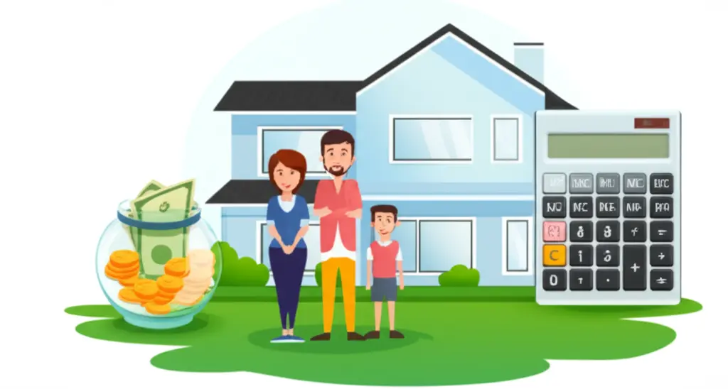 Cartoon of a happy family in front of their home with a calculator and savings jar